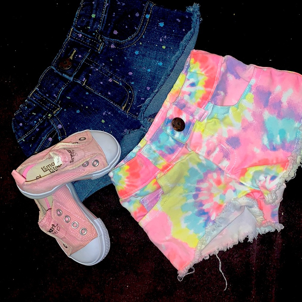 2 pair shorts, pink sneakers